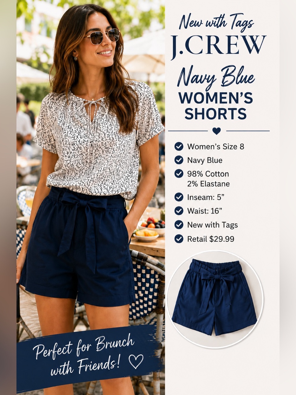 NEW WITH TAGS J. Crew Navy Blue Women's Shorts with Front Tie—Size 8